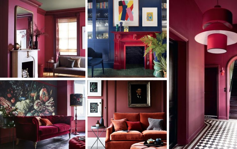 Living rooms and hallways with fireplaces and sofas in Pantone Viva Magenta.