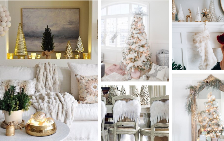 Décors de Noël dans les teintes blanches et dorées avec textures variées