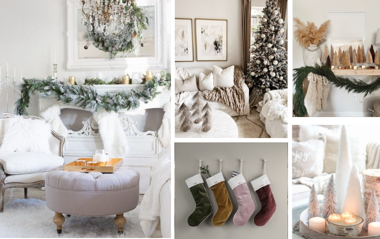 Décors de Noël dans les teintes crème et blanc avec décorations élégantes et texturées.