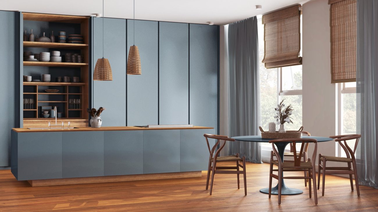 Hidden shelves behind blue kitchen cabinets