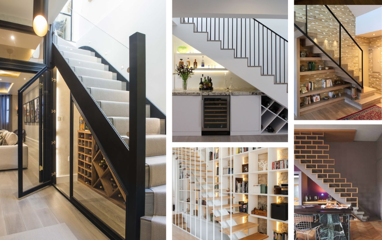 Escaliers architecturaux tendances dans sous-sols rénovés avec cave à vin et bibliothèque de rangement intégrés