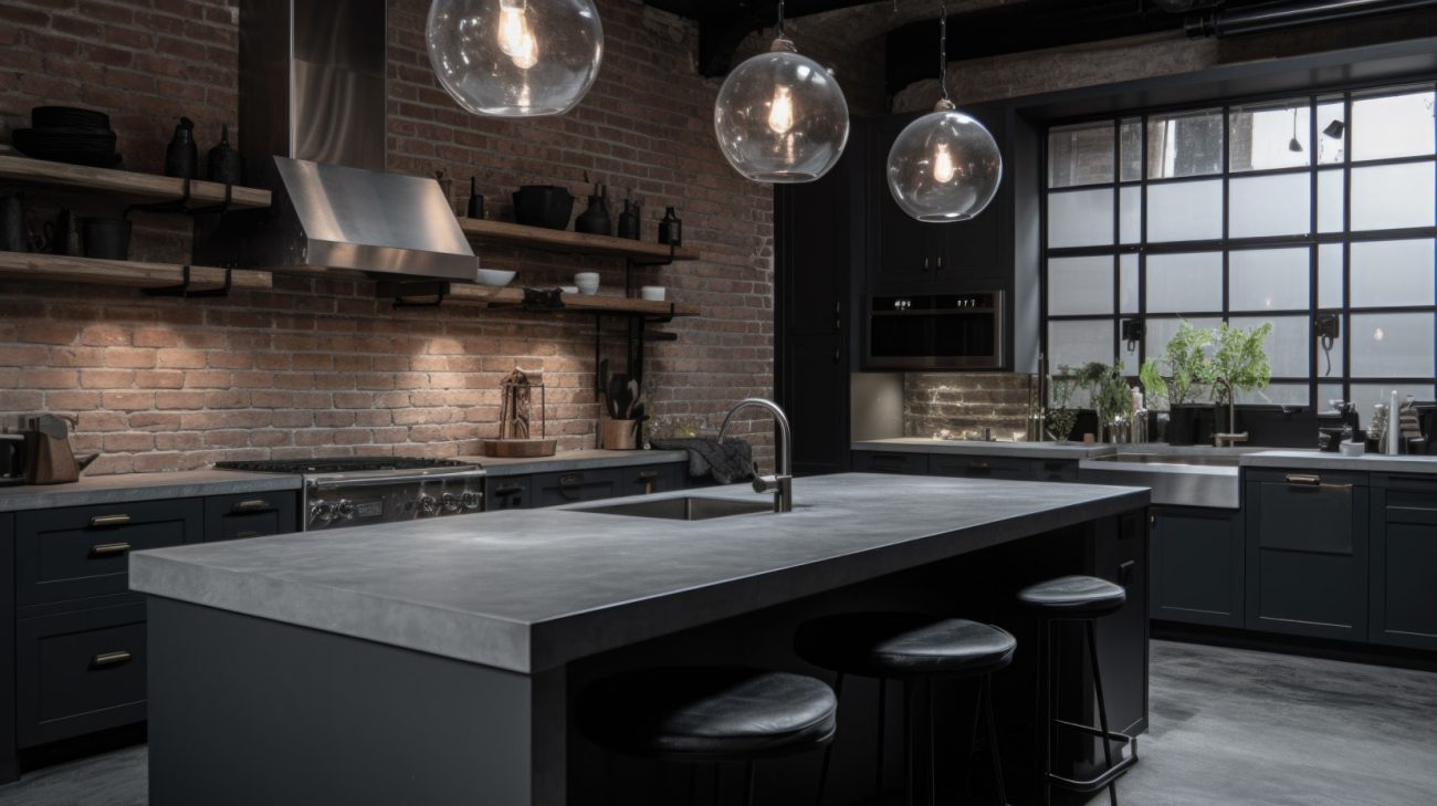 Dark-colored kitchen with central island, light fixtures and three stools