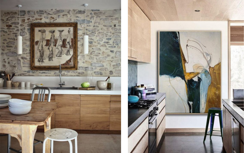 kitchen with large abstract artwork
