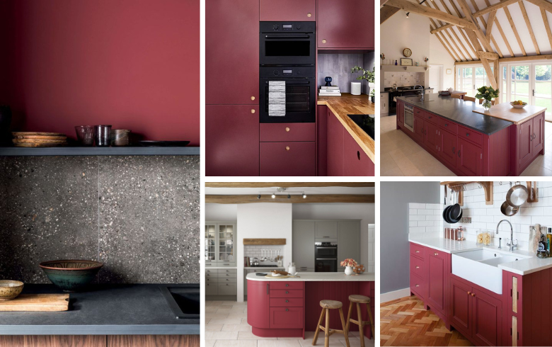 Modern two-tone kitchens with Viva Magenta cabinets and wooden accents