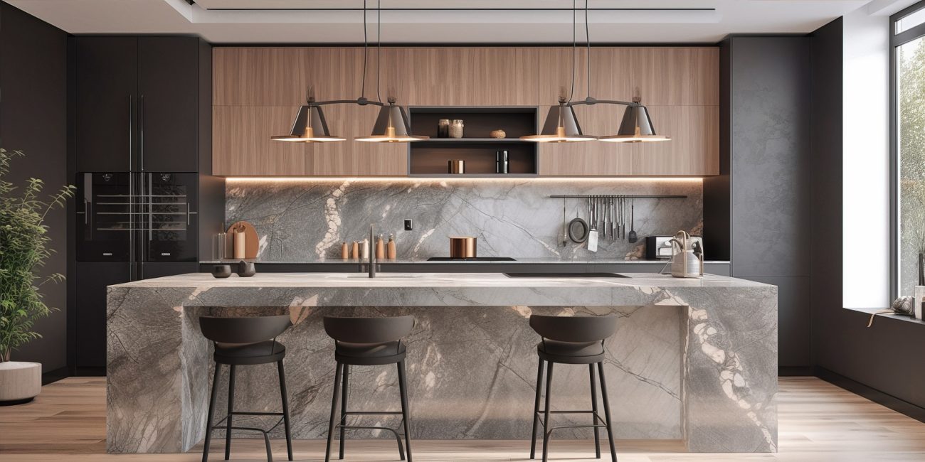 Luxurious kitchen with grey marble worktop and wooden cabinets