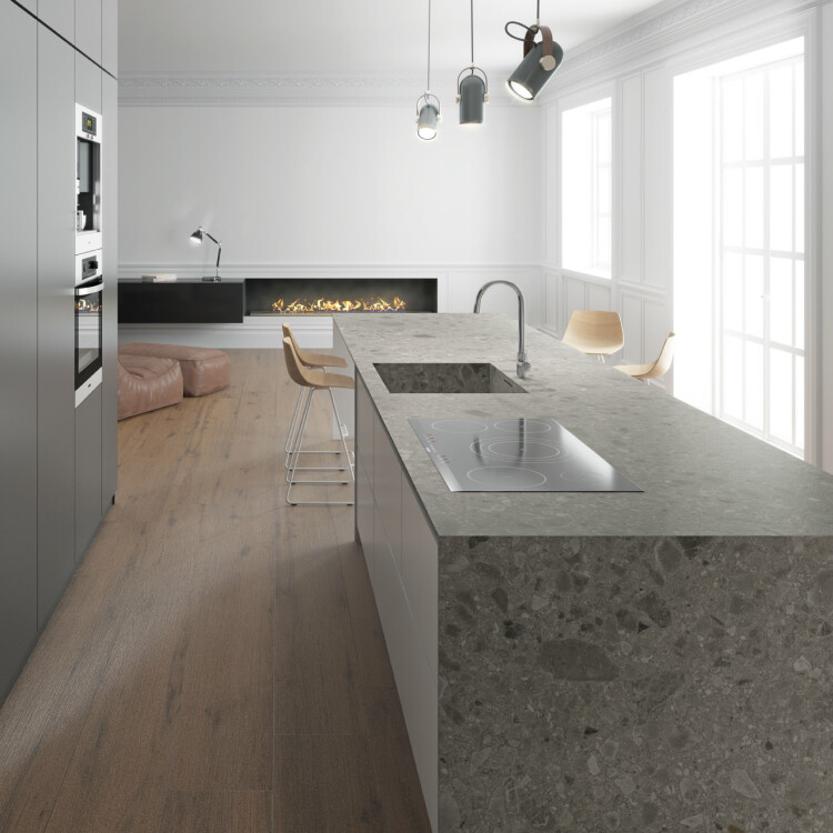 Open kitchen with porcelain countertop