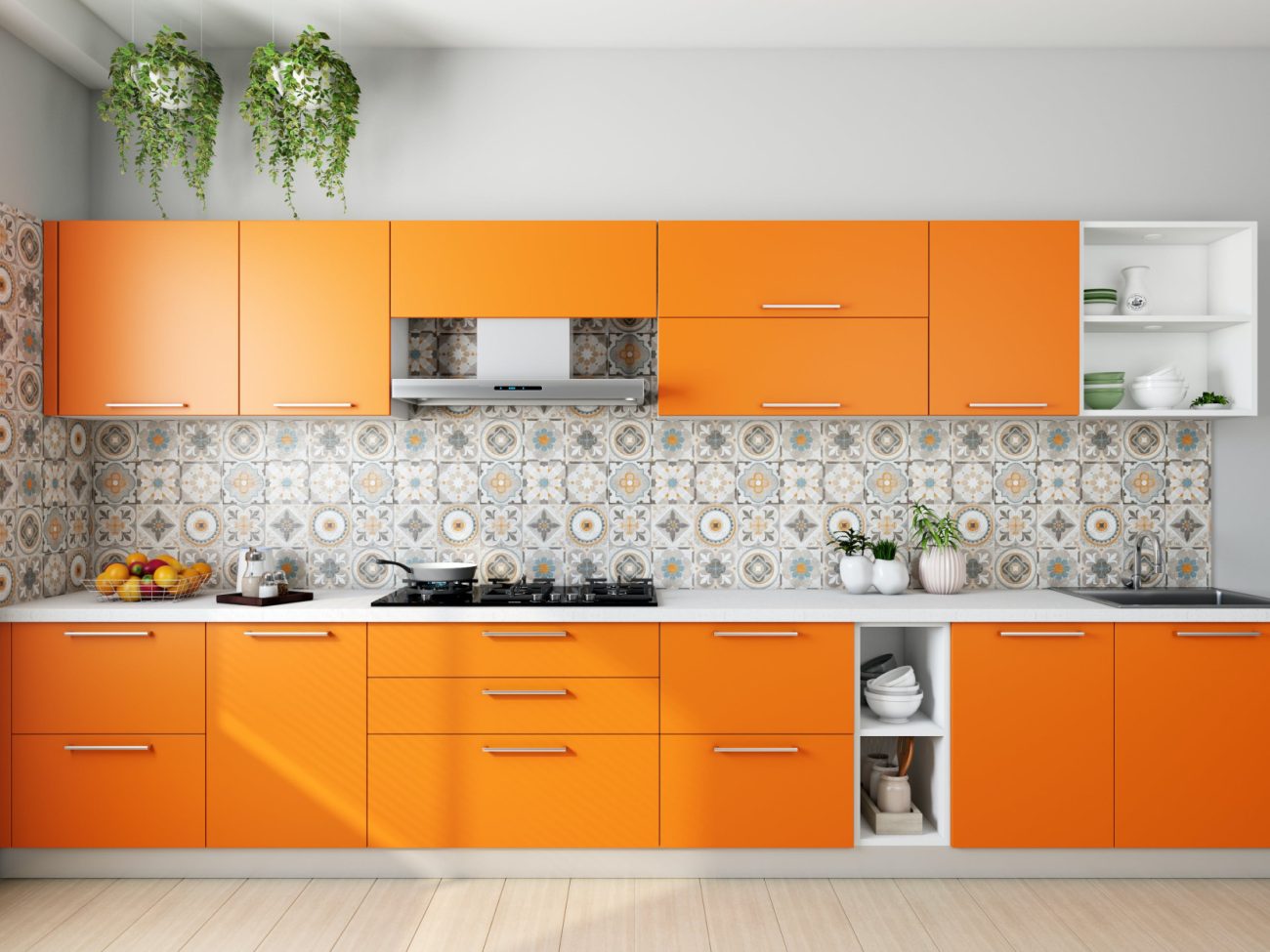 Kitchen with orange furniture