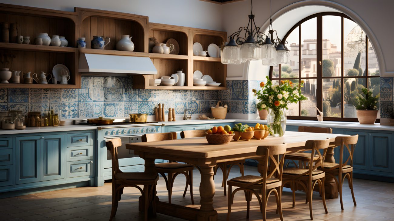 Cuisine écologique avec dosseret à motifs bleus, comprenant des meubles et objets réutilisés dans une architecture catalane