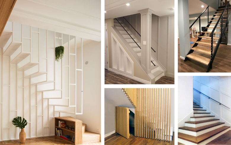 Original stairs in trendy renovated basements in different materials