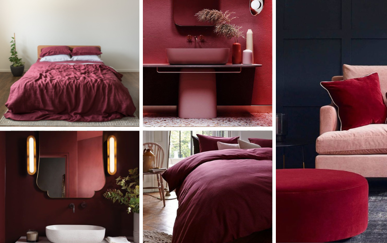 Beds with viva magenta duvet cover, bathrooms with raspberry-plum walls and red throw pillows on couch