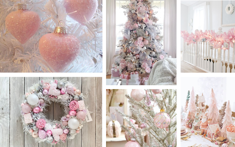 pink holiday decorations: tree, wreath, centerpiece and ornements