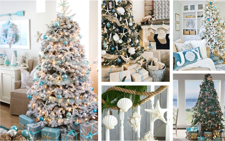 christmas trees styled with seaside decorations