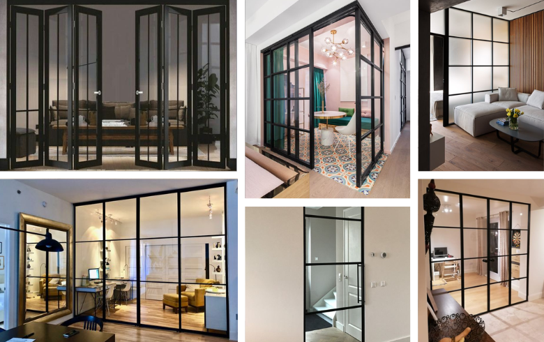 Glass room dividers with black steel structure in renovated basements