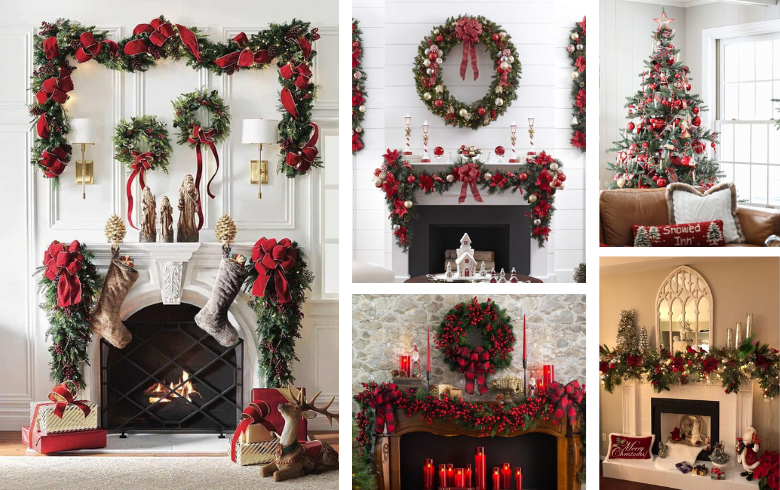 traditional christmas decorations on top of fireplace