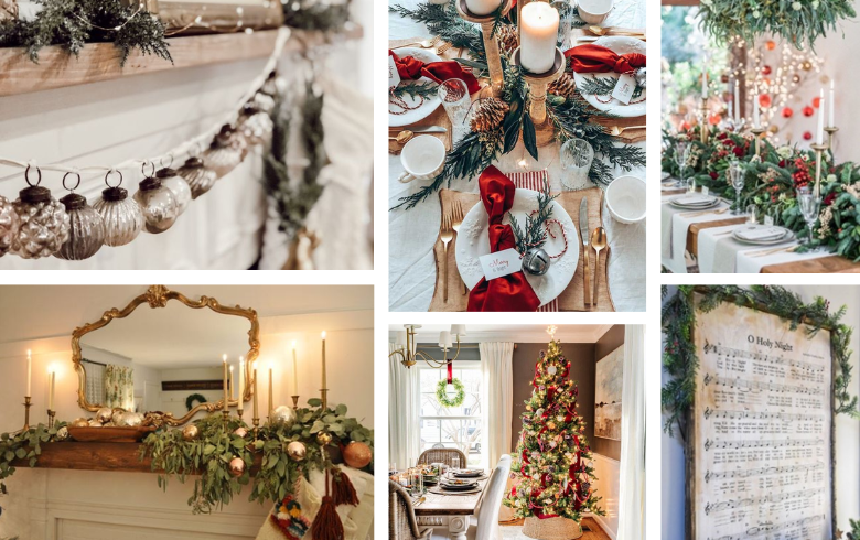 traditional holiday decorations: fireplace, garland and centerpiece in green and in red