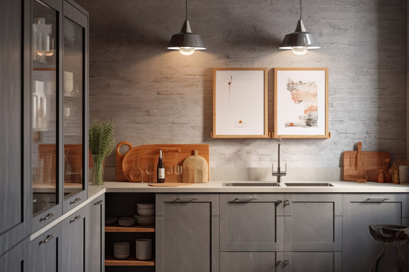 Warm kitchen in shades of grey, with stone wall, subdued lighting and wooden accessories
