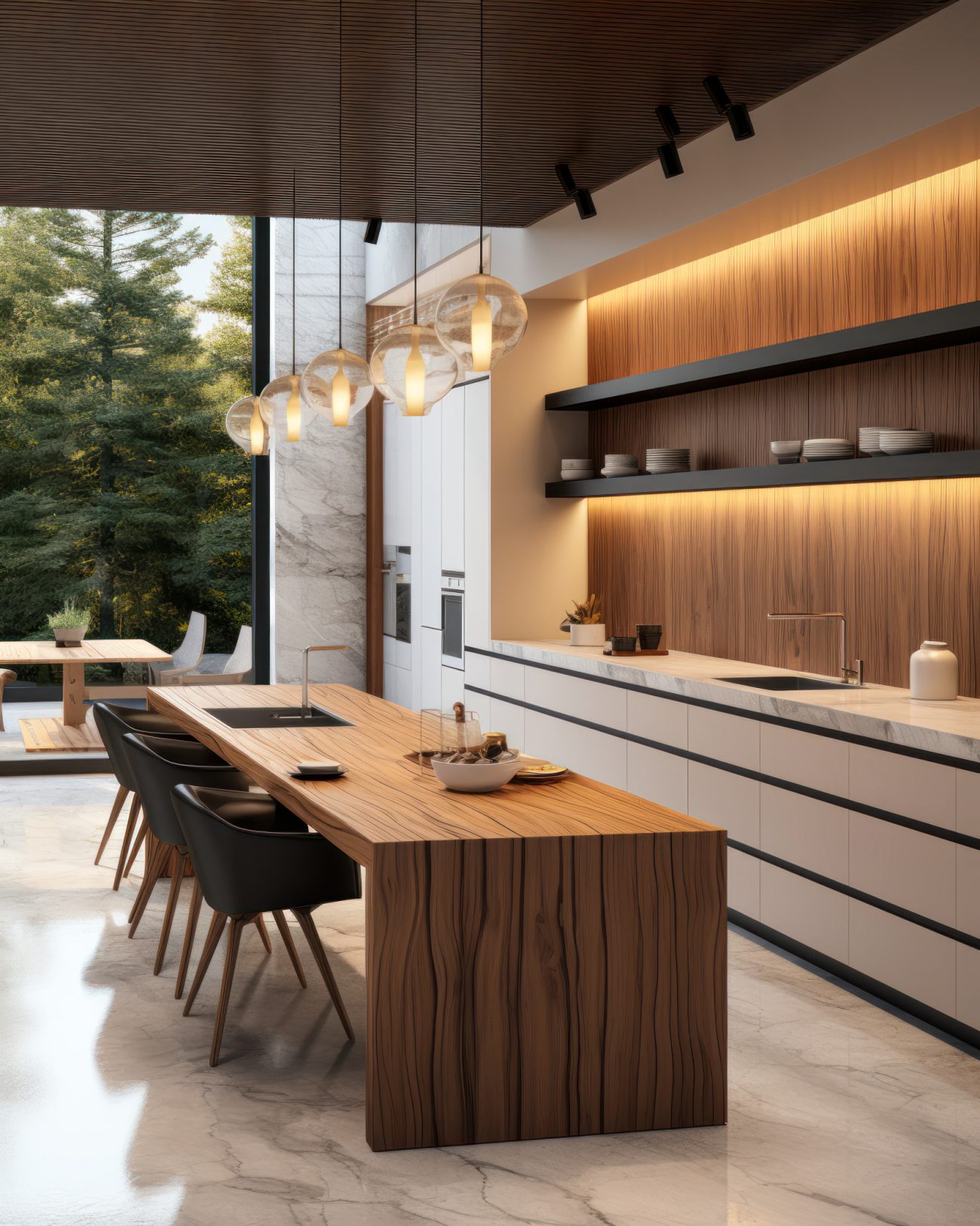 Wooden island with sink serving as dining table, light fixtures, grey kitchen countertop, polished cement floor, complemented by wood-panelled walls