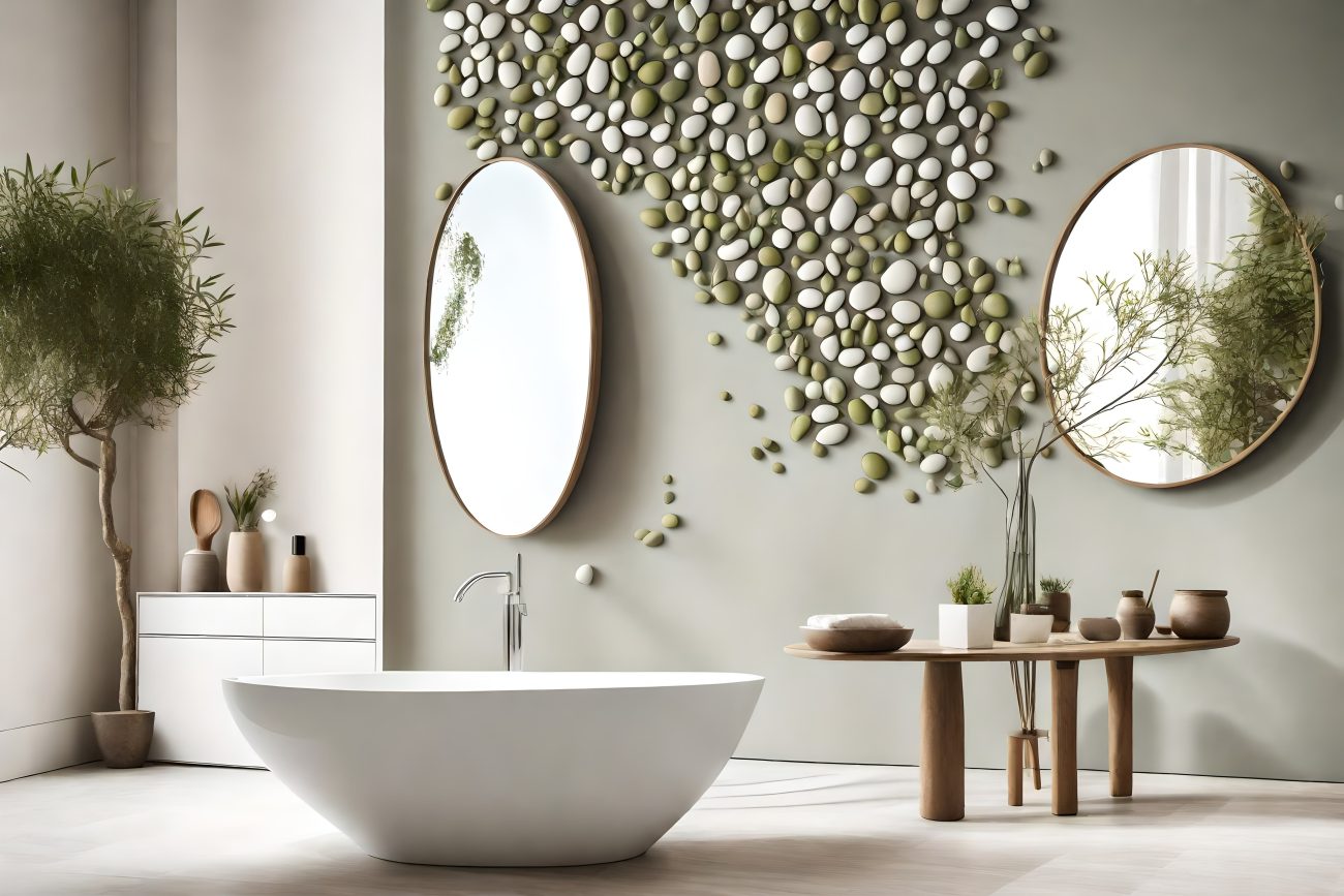 Bright bathroom, freestanding bathtub, two rounded mirrors on a pebble-covered wall, olive tree, wooden coffee table with various pots