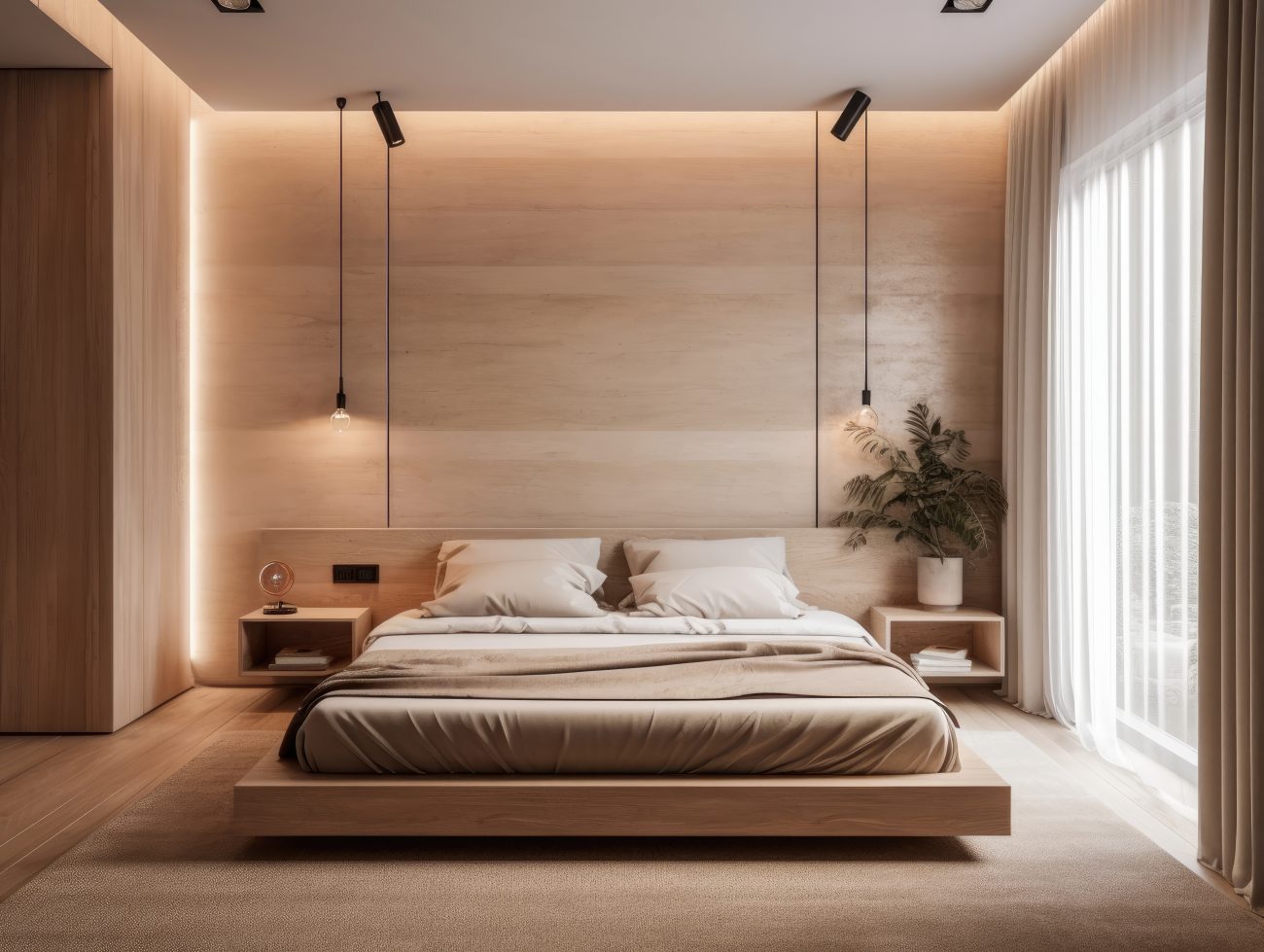 Chambre minimaliste beige avec grand lit sur plateforme, spots halogènes suspendus et éclairage indirect sur le mur marbré