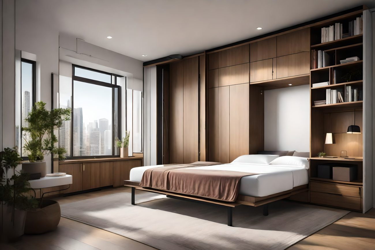 Chambre à coucher minimaliste avec lit escamotable et rangements en bois