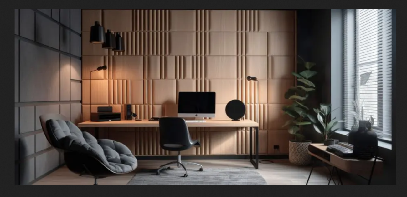 Home office, workbench-style table, chair on casters, grey padded swivel chair and wall covered with acoustic panels with grooves