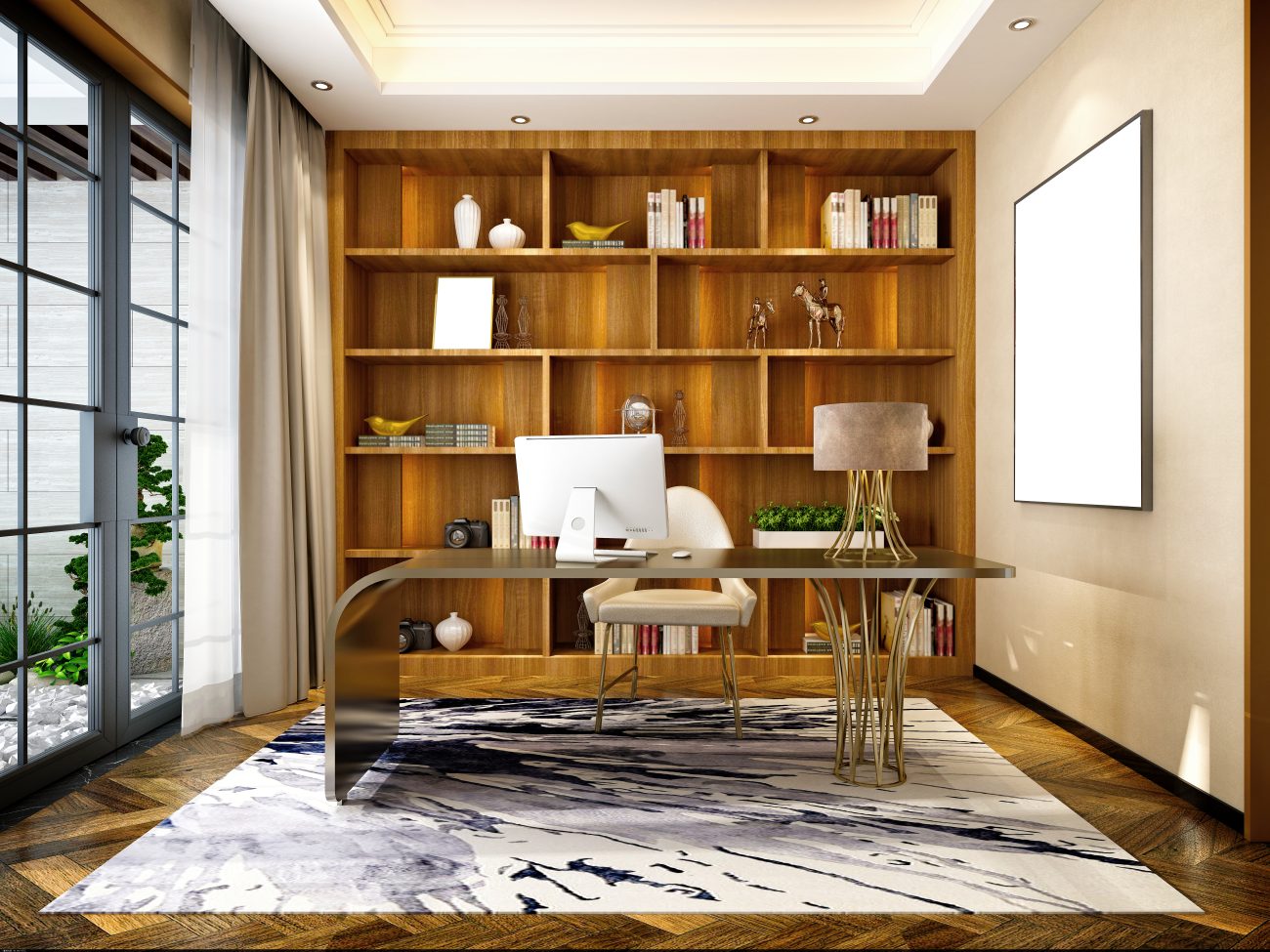 Home office, curved metal table and wooden wall storage unit with decorative objects