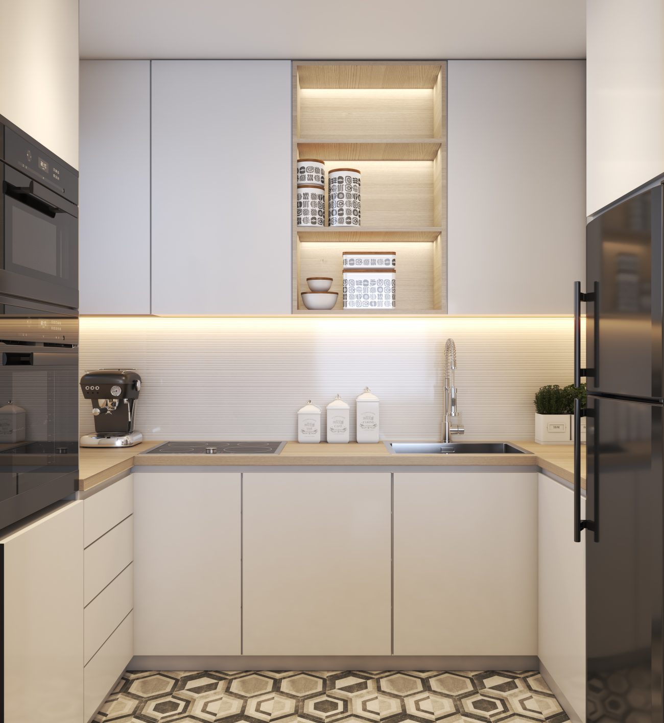 White kitchen with black appliances, floor with hexagonal pattern, backsplash illuminated by indirect lighting