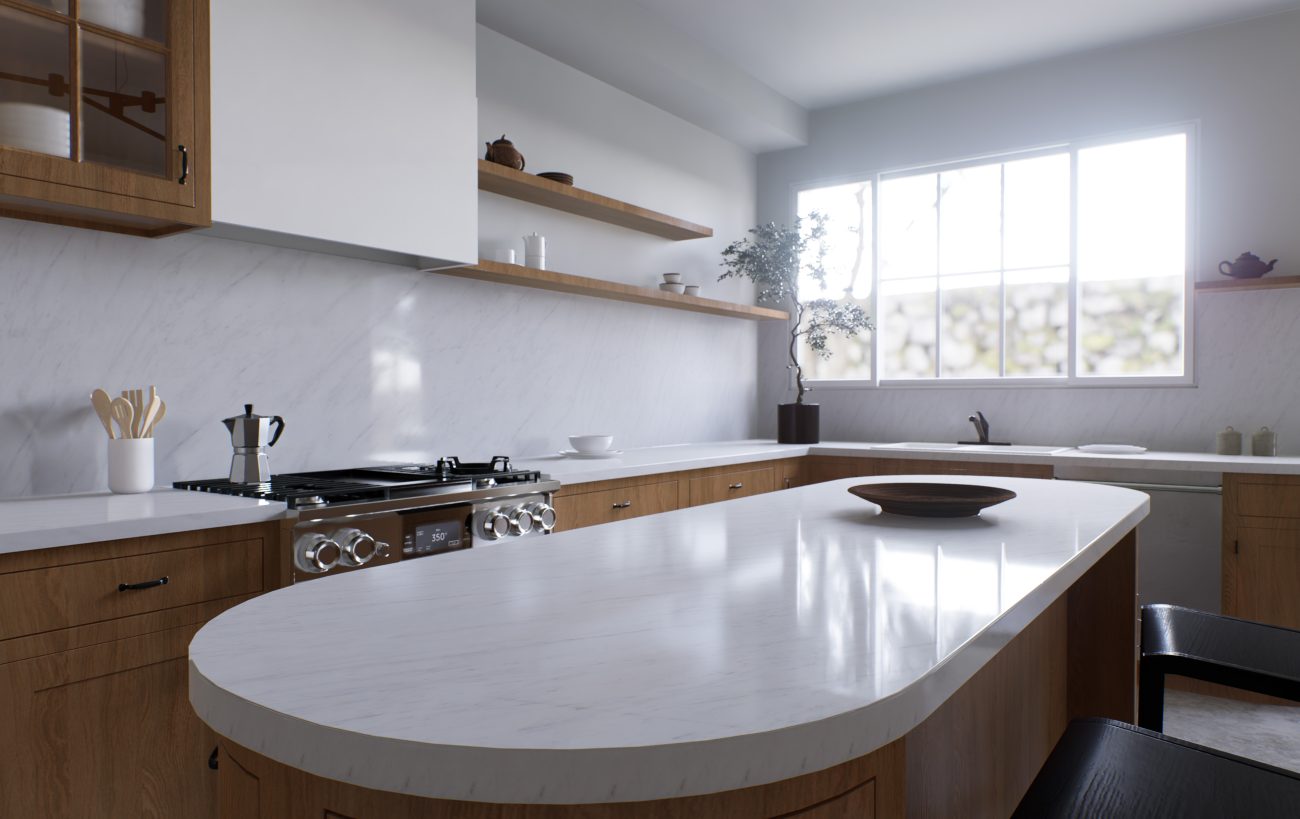 White kitchen with wood cabinets and open shelving, oval island with marbled countertop