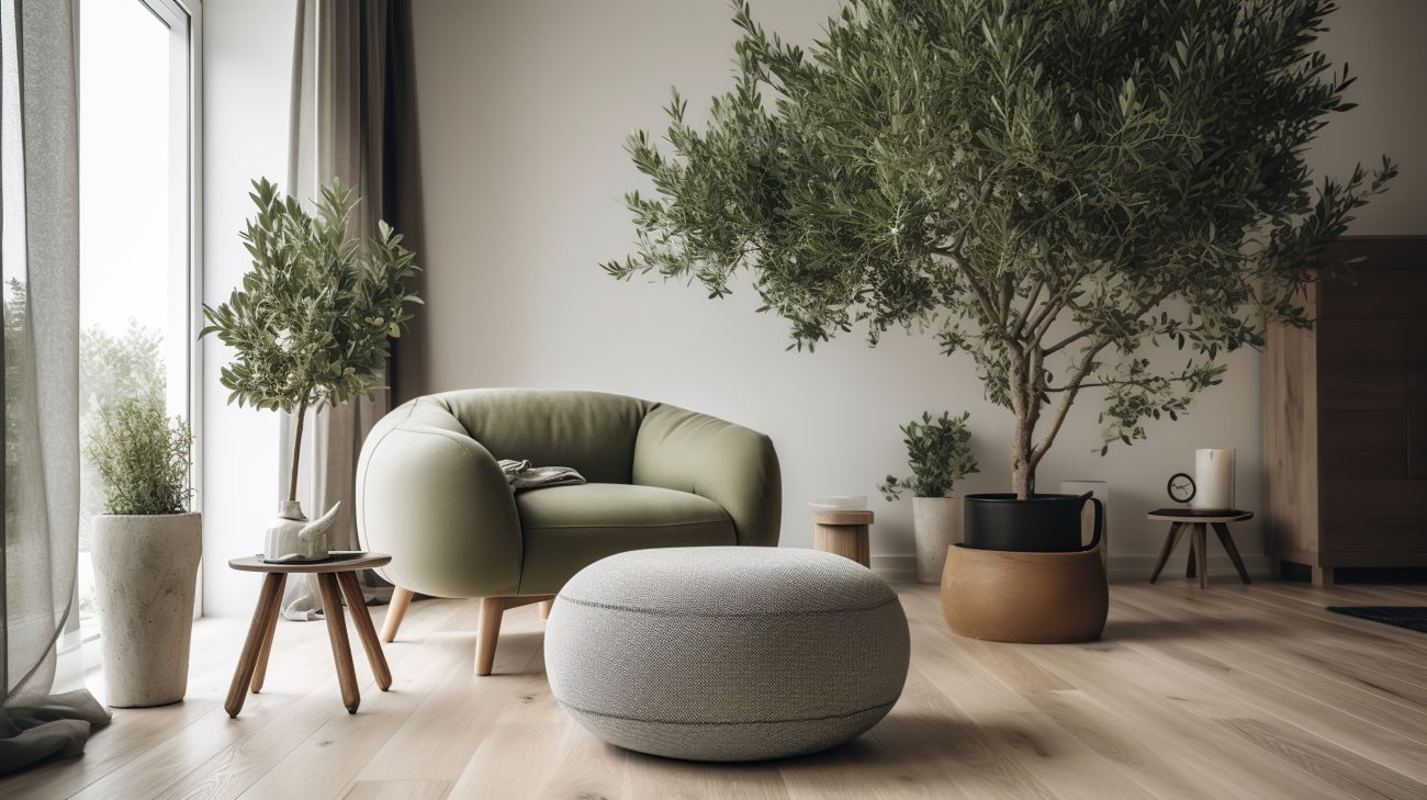 Living room with large windows, soft sage-green armchair and large round pouf, wooden coffee tables and olive tree in a planter