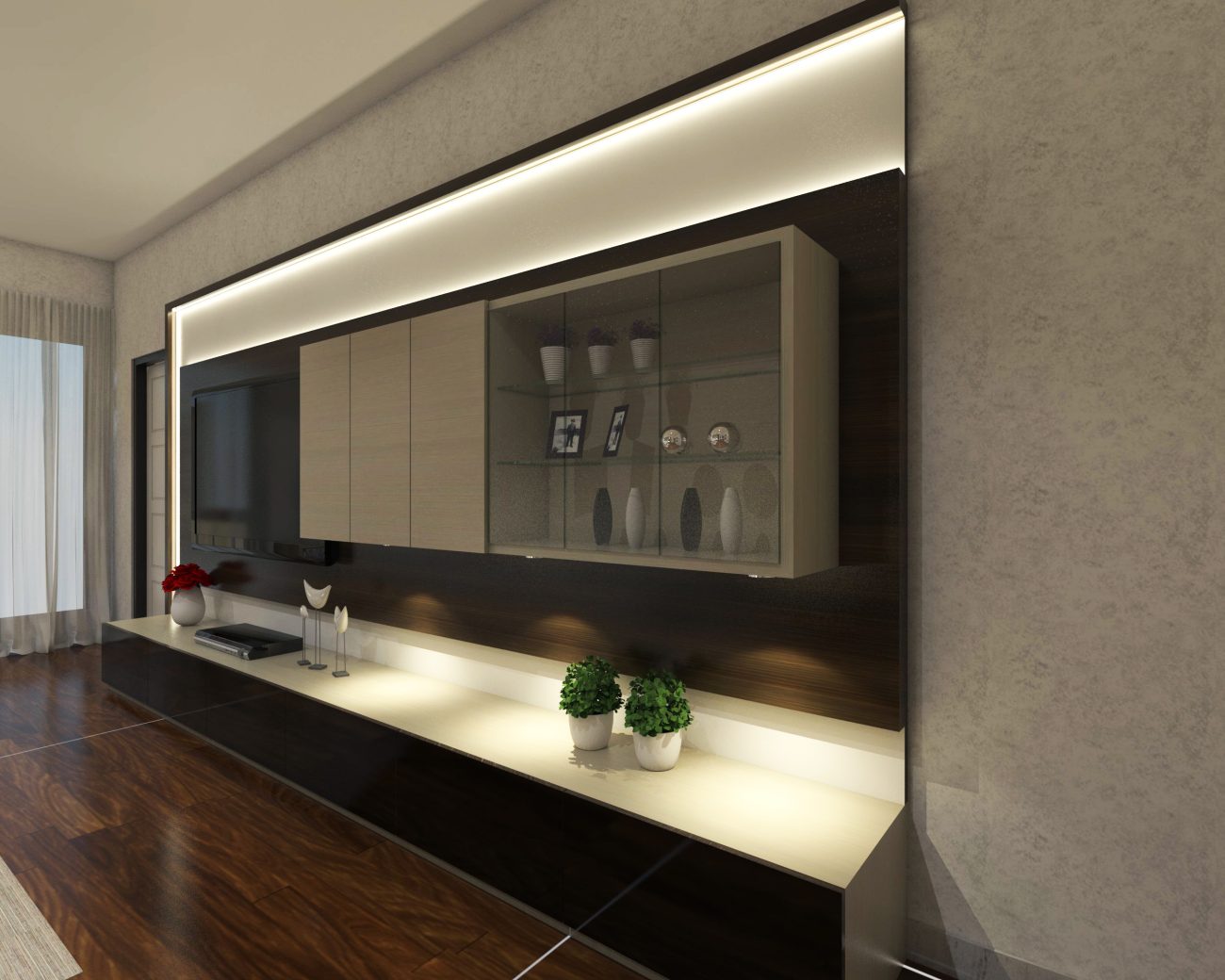 In a contemporary living room, wall unit with indirect lighting, floating dresser and dark wood floor
