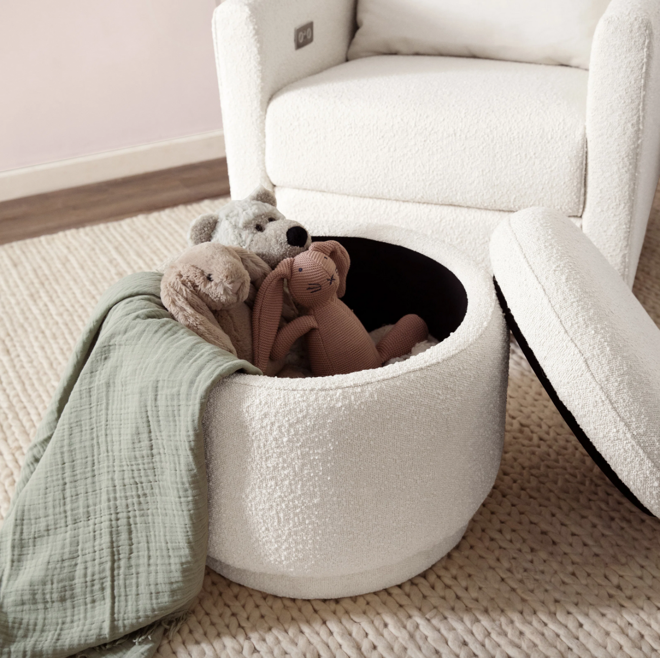Armchair and pouf with storage space for stuffed animals and towel