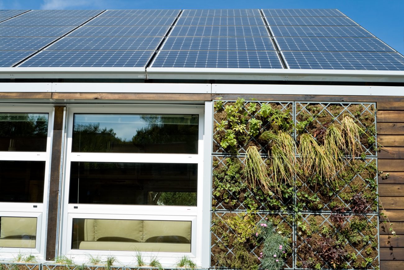 Maison avec panneaux photovoltaïques sur le toit et jardin vertical qui récupère les eaux usées