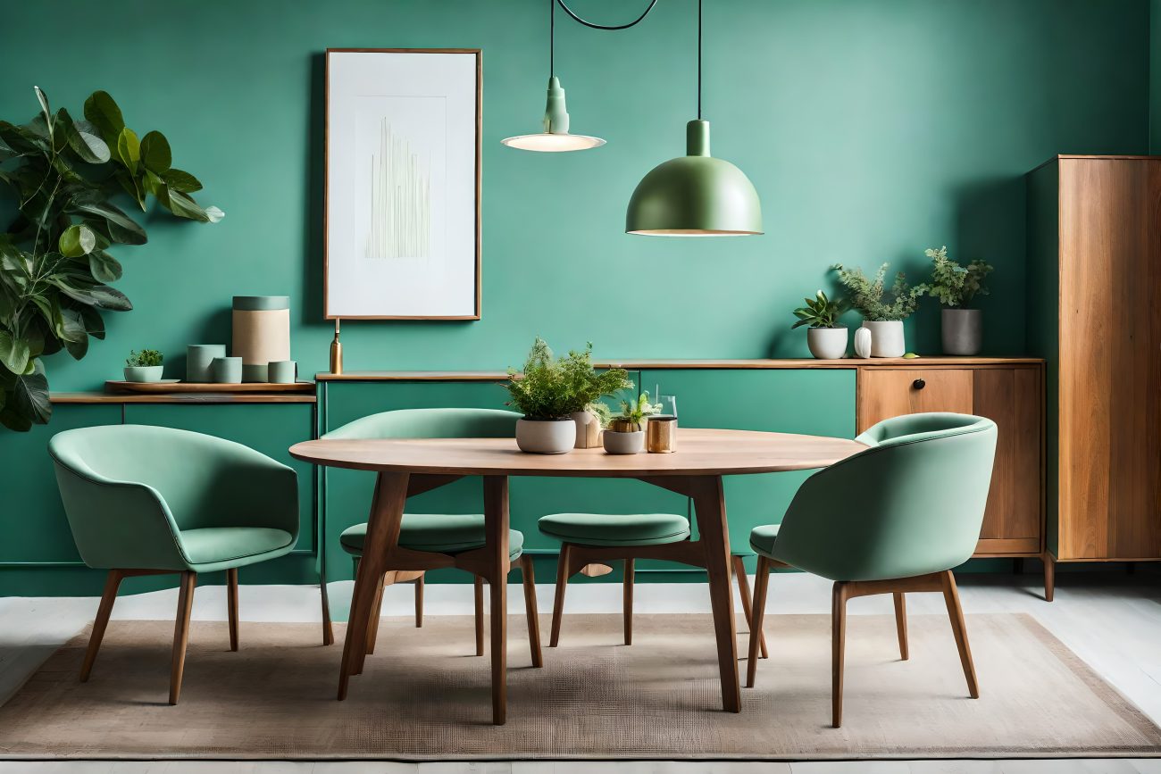 Salle à manger de style scandinave, table ovale en bois, chaises arrondies, murs et bahut de couleur vert émeraude