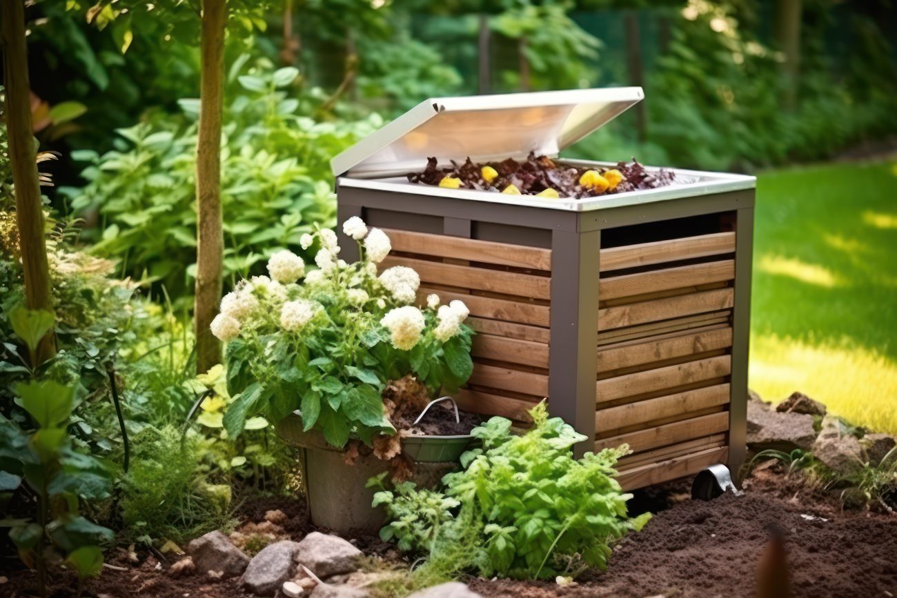 Wooden outdoor bin compost placed in garden, surrounded by flowers and plants