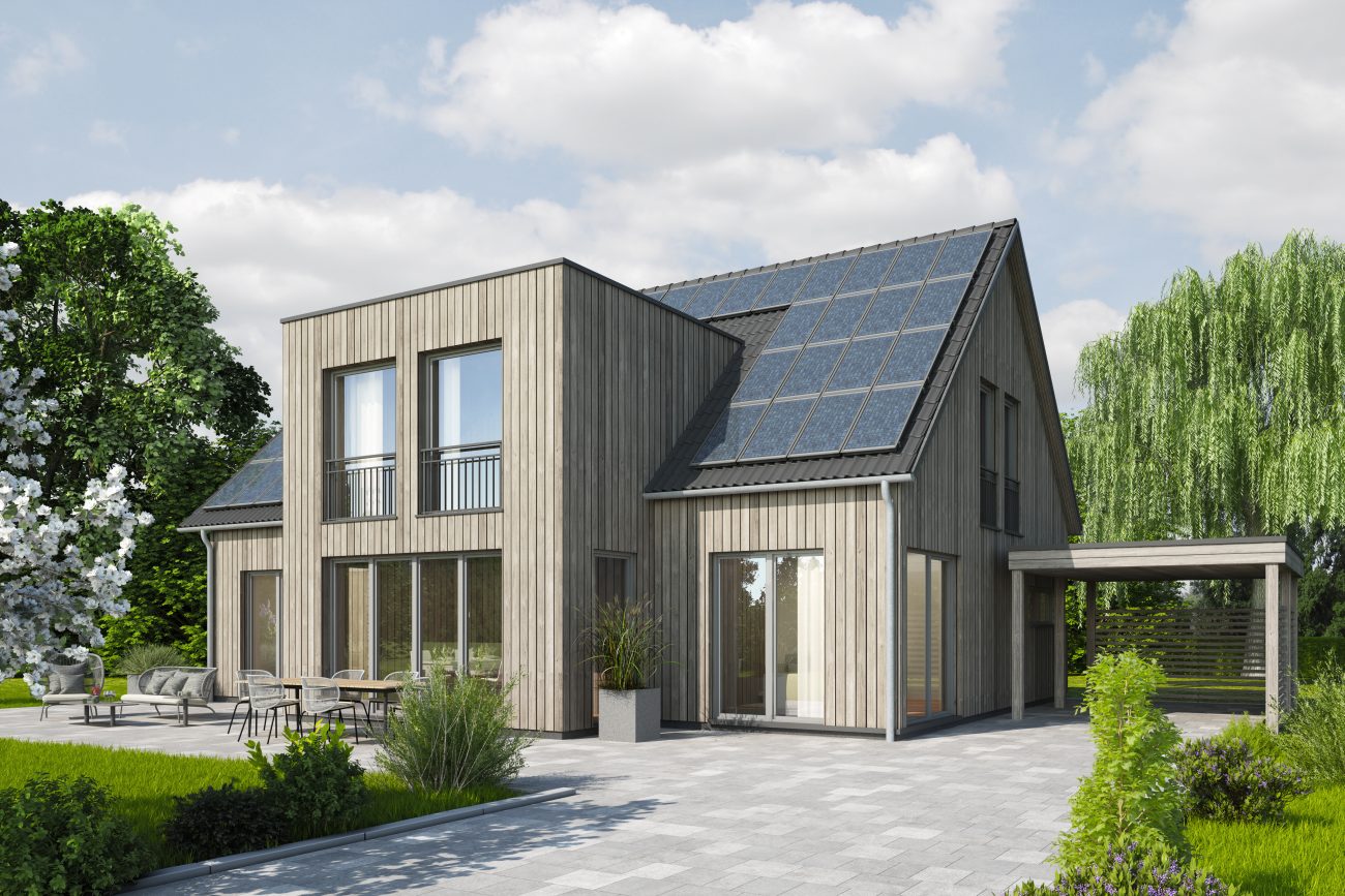 Modern wooden house with cubic extension, large windows and sloped roof covered with solar panels