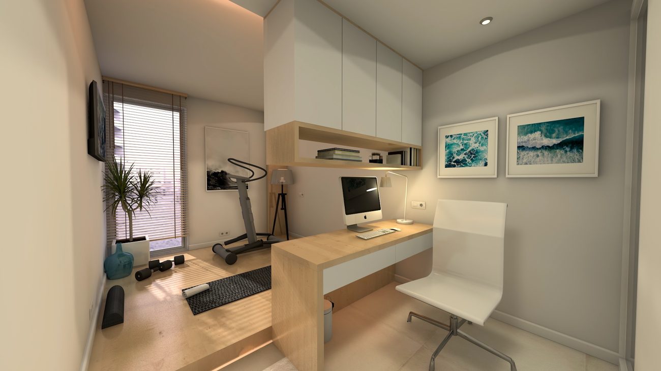 Home office and gym in a multifunctional space with neutral colors