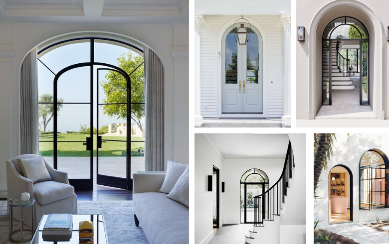 Embrace 2023 interior and exterior home design trends by opting for large arched doors that lead outside