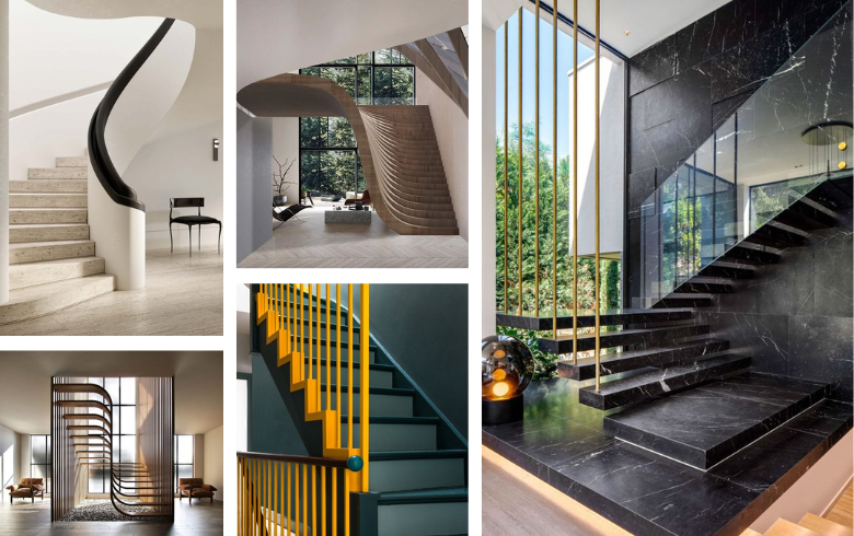 This year's interior home design trends focus on curved and spiral architectural staircases with metal railings