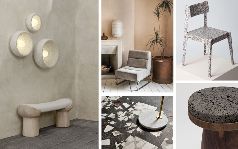 This year's interior home design trends highlight upcycled materials, like these chairs made of recycled wood, cement, and marble