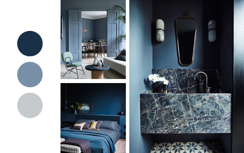 salon et chambre bleus avec meubles bleus