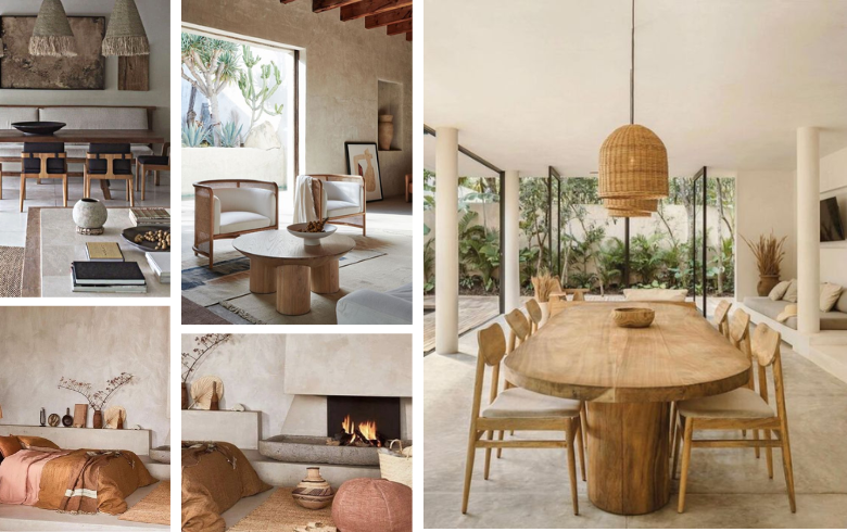desert home trend highlighting living and dining rooms with beige wooden furniture and modern home decor