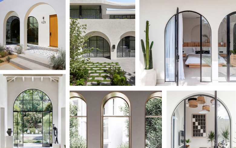 This interior design trend features entrances with double-arched door with large windows and modern home decor elements