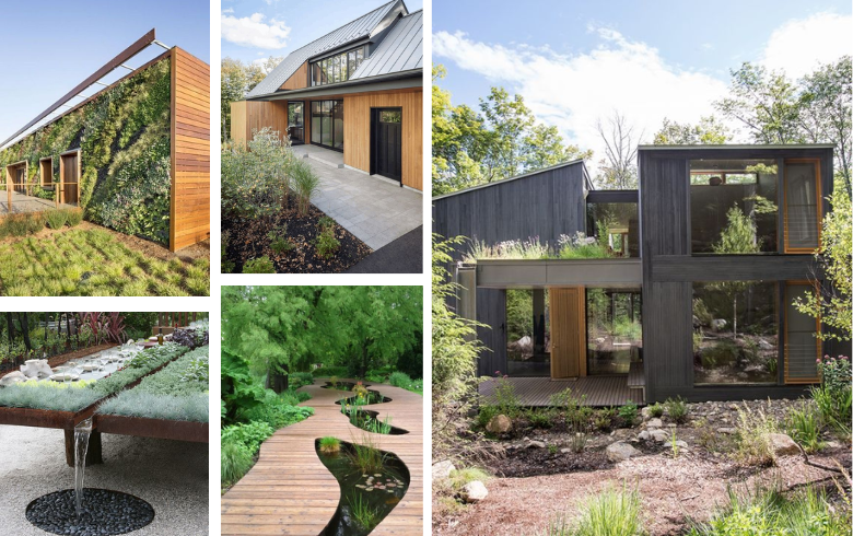 ecological houses with garden and water basin