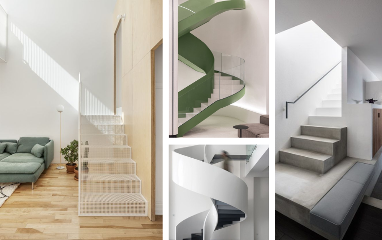 escaliers modernes architecturaux en métal dans salon et sous-sol