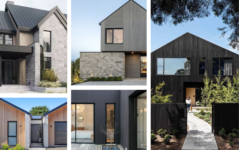 façades de maison en bois avec revêtement extérieur noir verticale