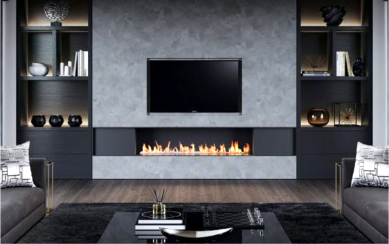 living room with modern fireplace