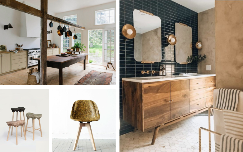 This interior design trend focuses on modern home decor items like chairs, tables, and bathroom vanities made from recycled materials