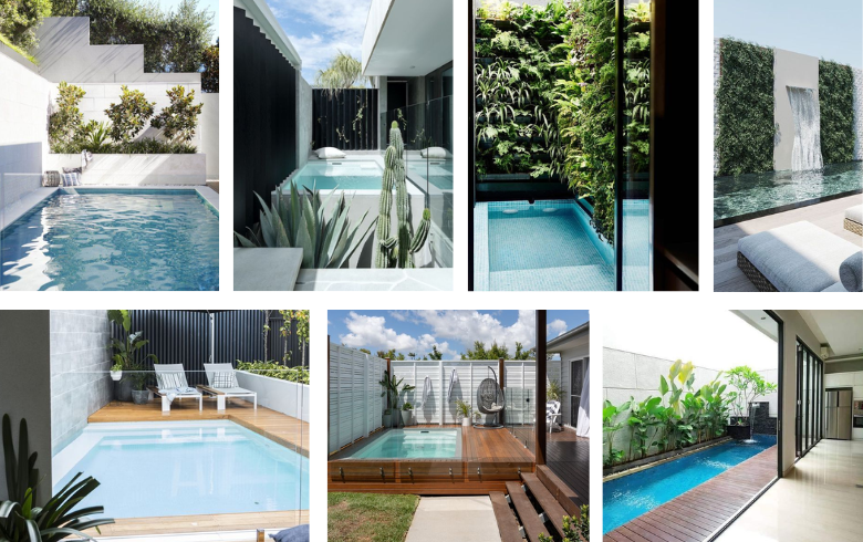 long mini-pools with lounging chairs and plants