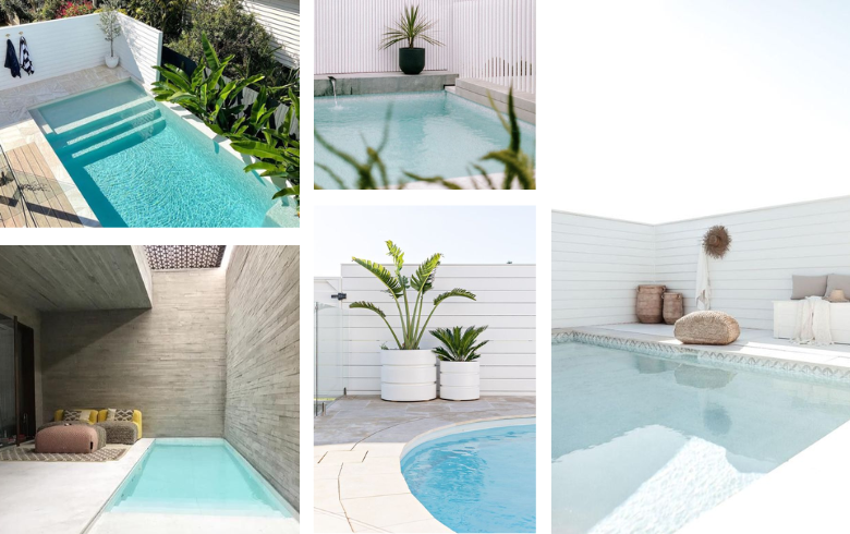 Rectangular private mini-pools with comfortable lounging chairs