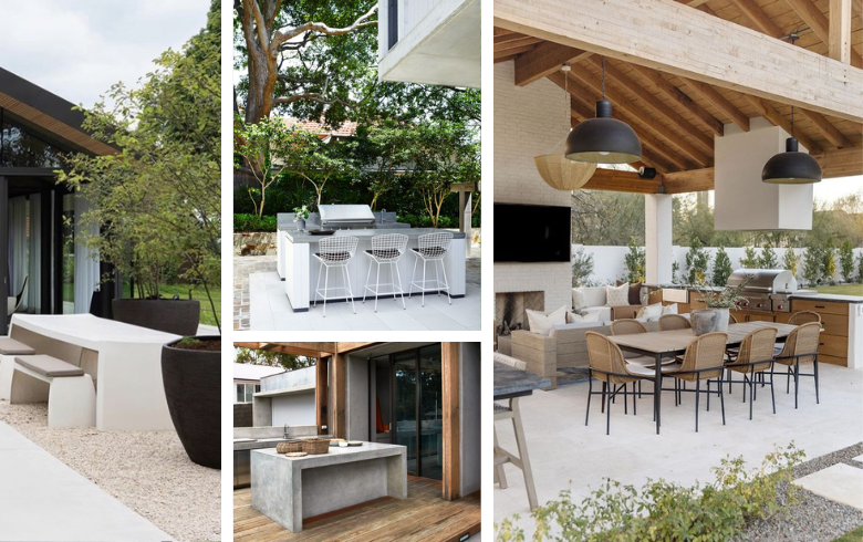 modern outdoor kitchens with dining area and modern home decor